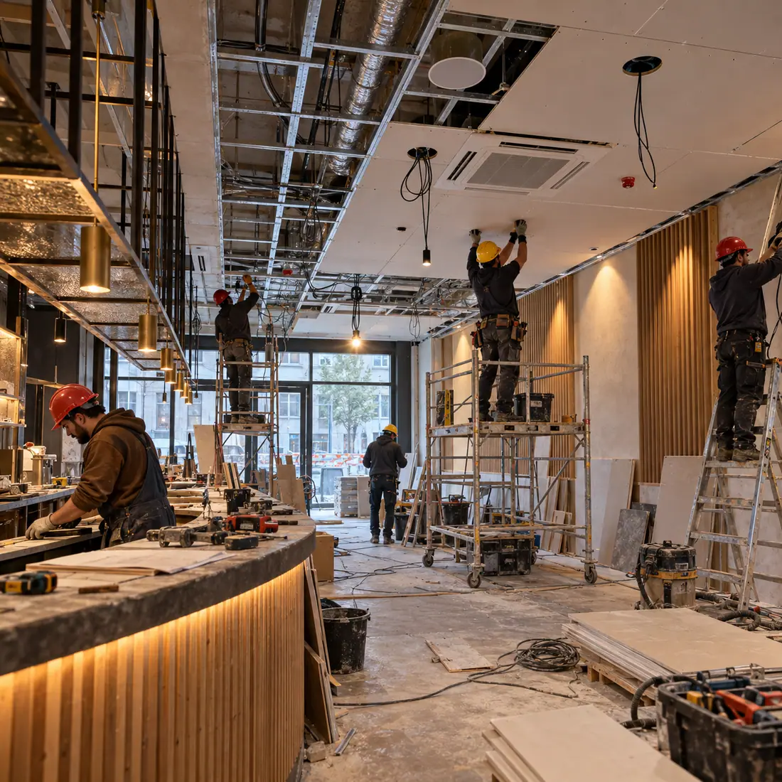 Pose du faux plafond, électricité et traitement acoustique