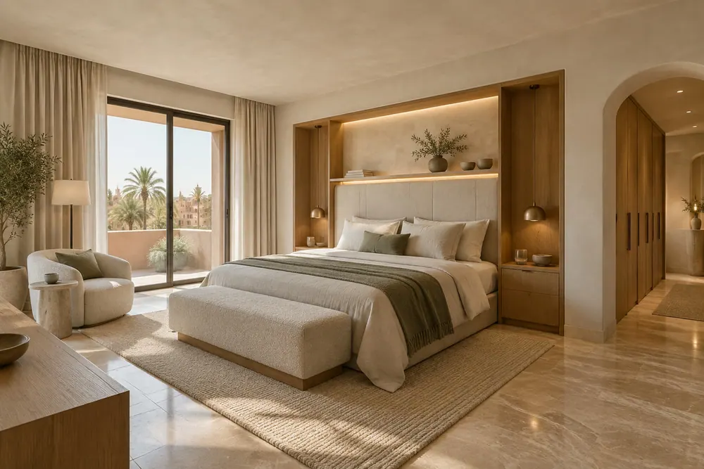 Chambre parentale : tête de lit tapissée, corniche LED, dressing chêne