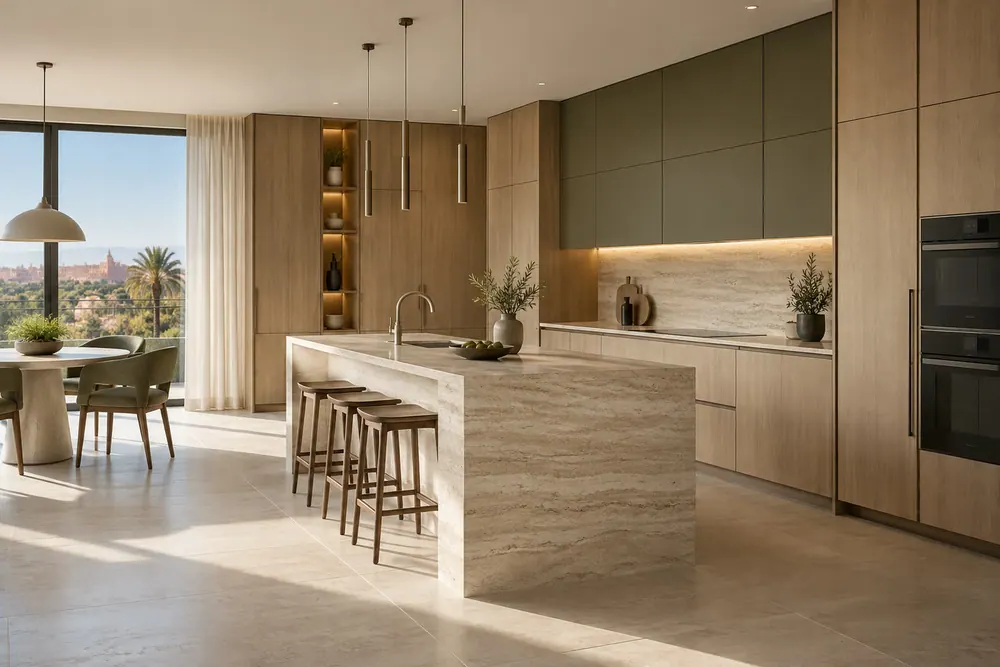 Cuisine sur mesure : îlot travertin, façades olive, chêne clair
