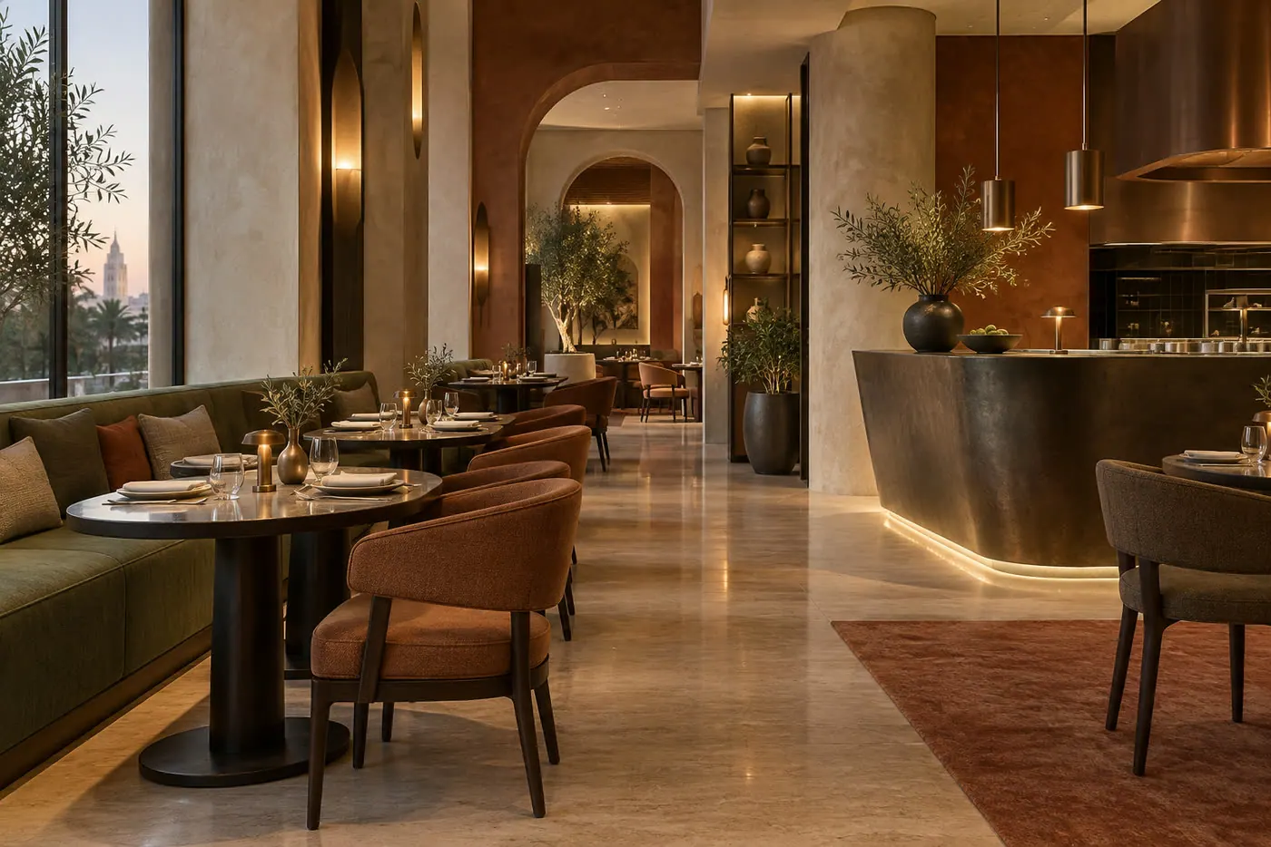 Restaurant contemporain : comptoir courbe, arches, banquettes olive