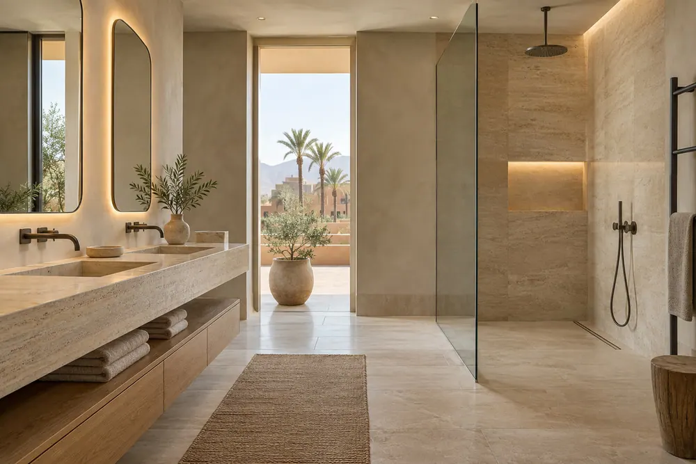 Salle de bain : double vasque pierre, paroi de douche en verre, enduit chaux