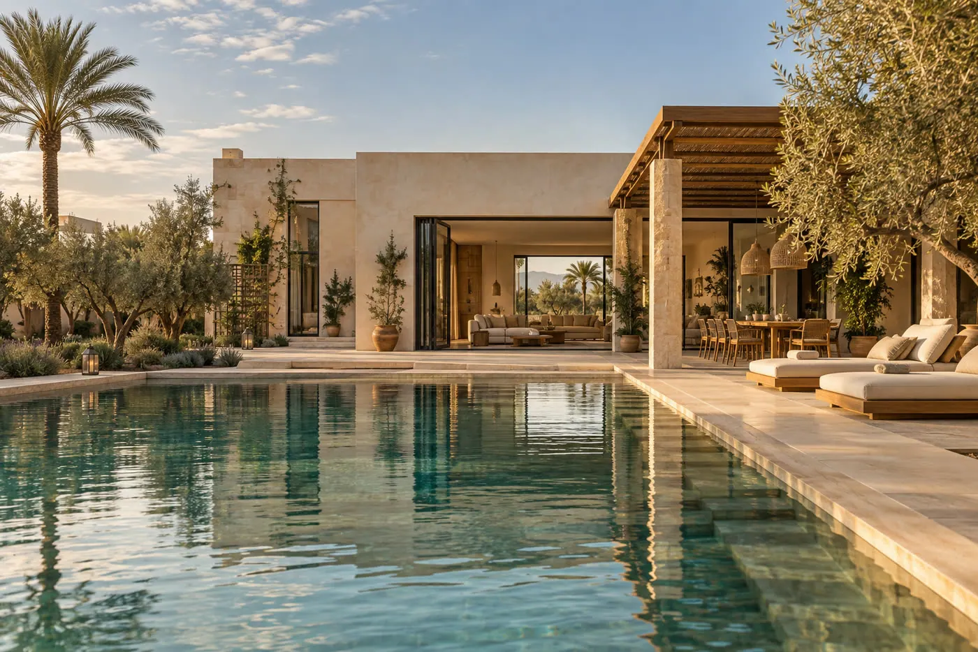 Villa avec piscine : terrasse pierre, pergola bois, grandes baies